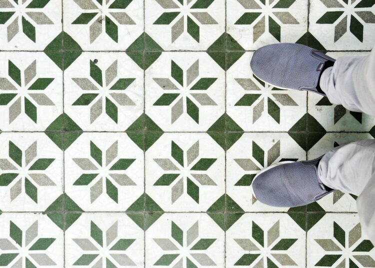 green and white tile flooring