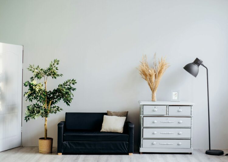 dresser beside sofa