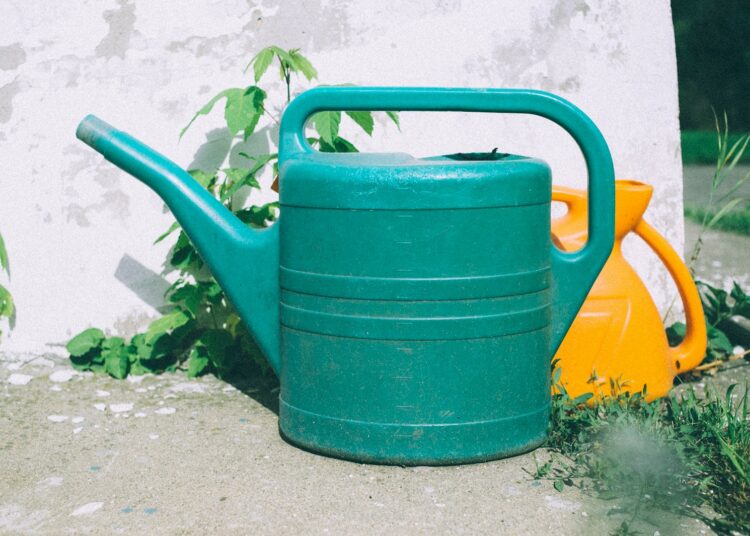 green watering can on gray concrete floor